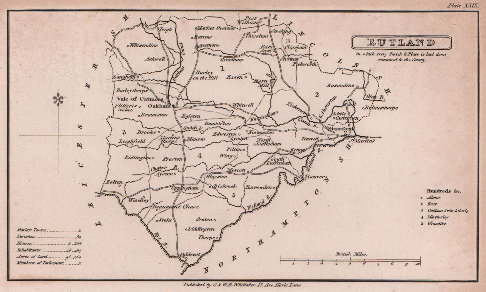 Rutland antique copperplate county map by Benjamin Pitts Capper 1825 old